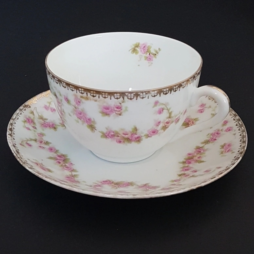 Vintage Adolf Persch Bridal Rose Teacup Saucer Set Czechoslovakia Porcelain